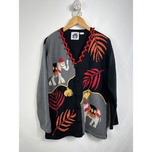 Storybook Knits Cardigan Women's Large Black Elephant Branch‎ Motif Sweater